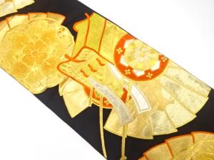 アンティーク　桧扇に華紋・御所車模様織り出し袋帯（材料）